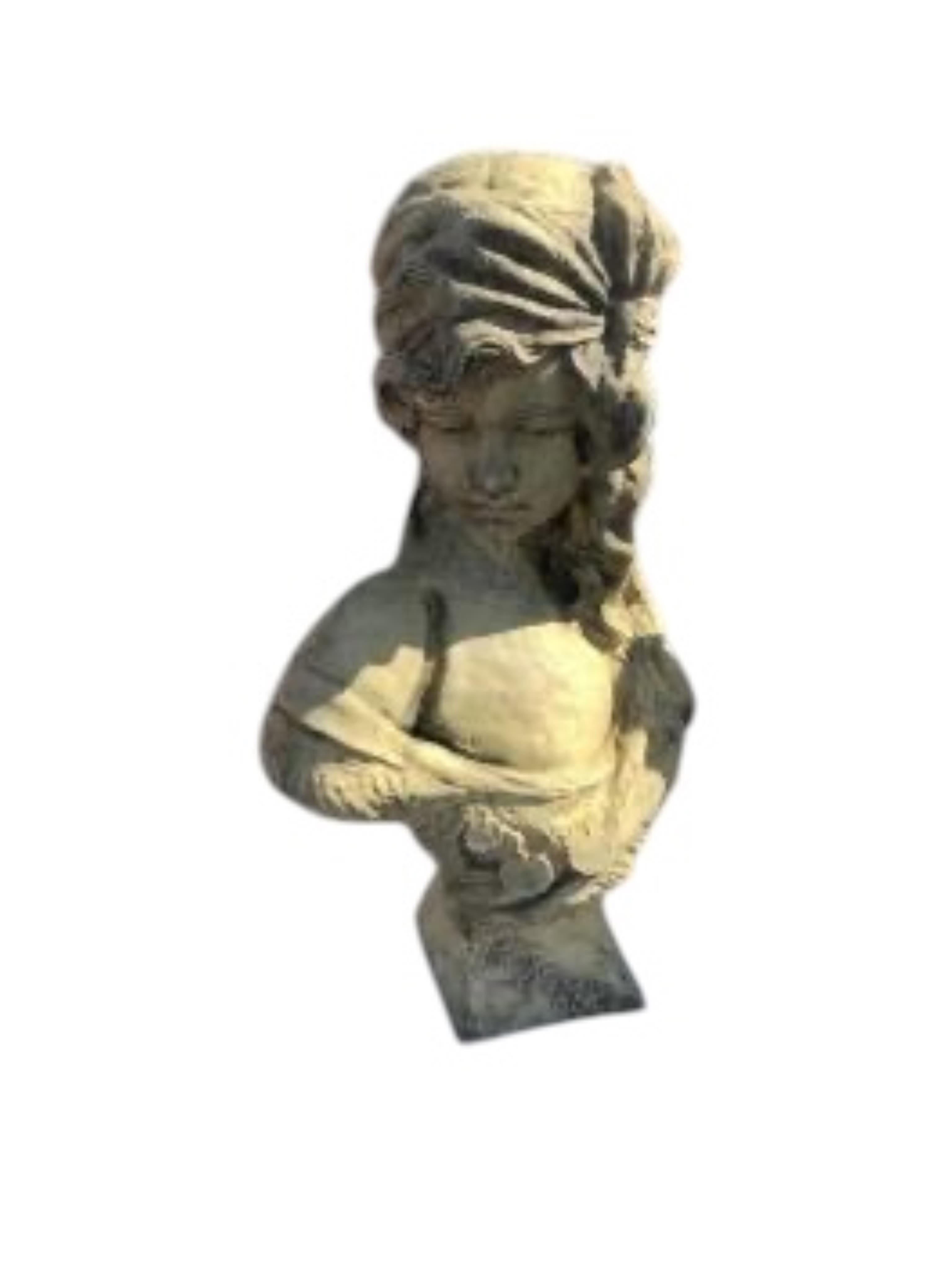 Four cast stone and terracotta garden busts, largest height 46cm